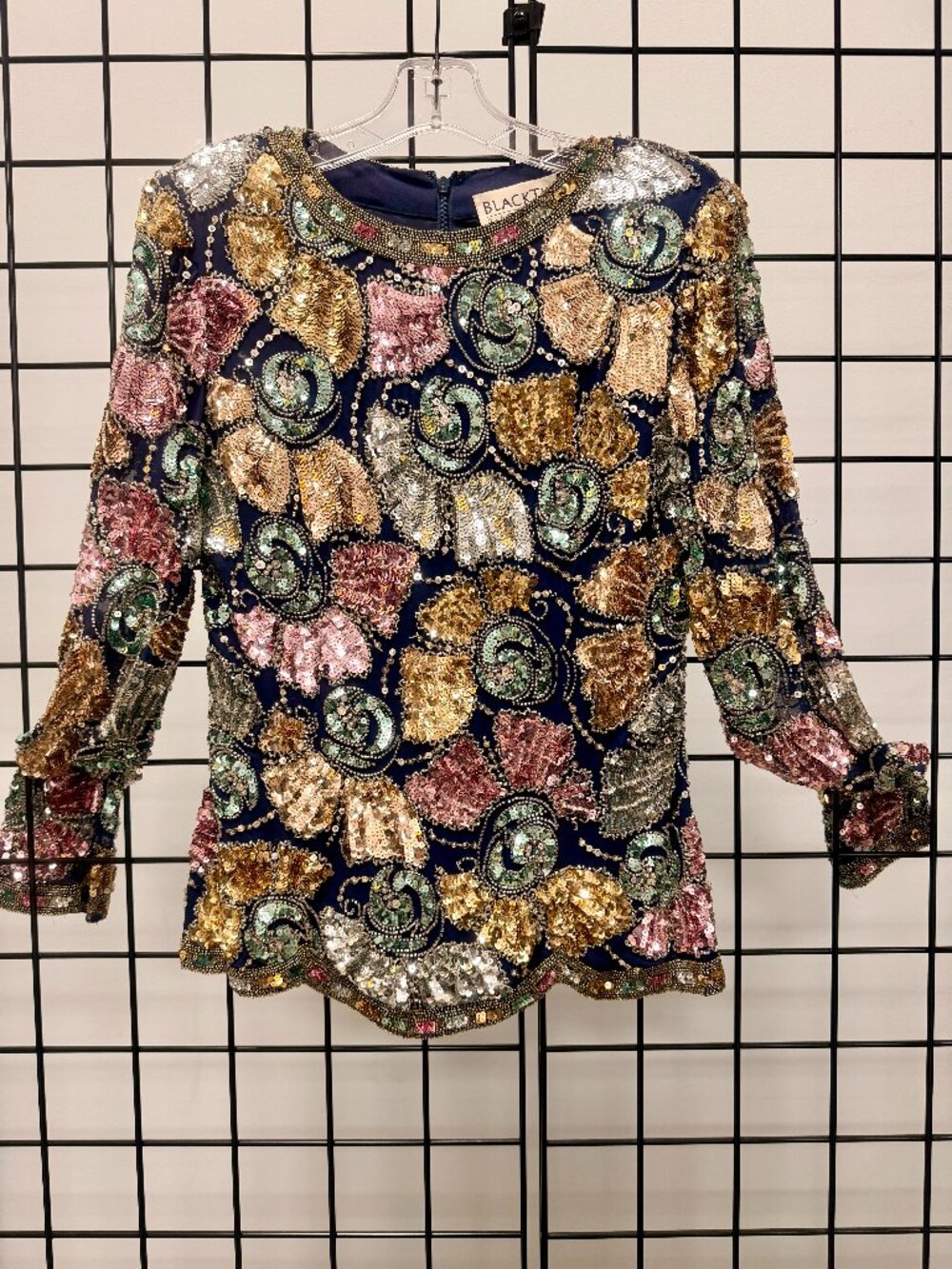 Oleg Cassini Black Tie Silk Sequin Beaded Floral Top